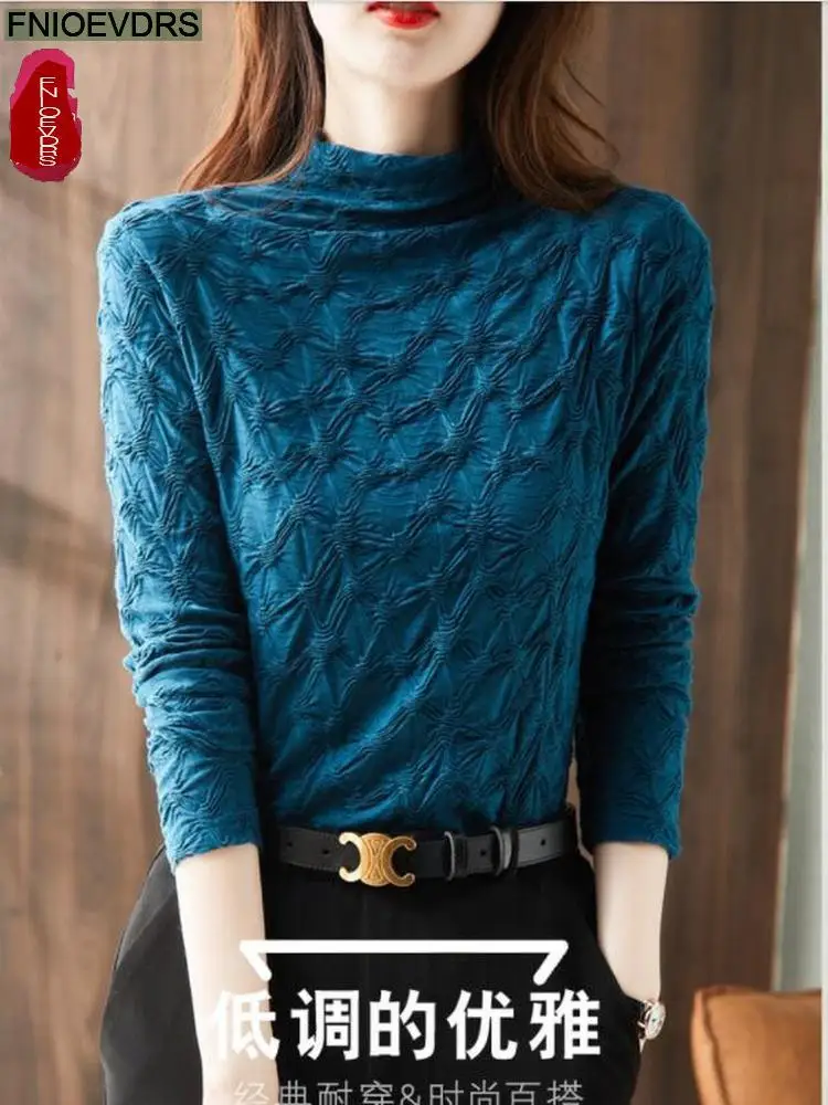 

Women 2022 Spring Fall Basic Shirts Slim Elegant Office Lady Bodycon Fitted Coffee Black Blue Turtleneck Tops Blouse 262