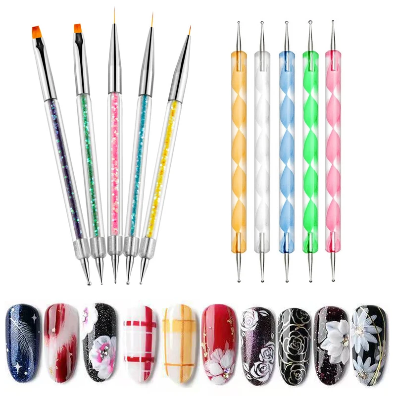 

1 Набор двухсторонняя ручка для дизайна ногтей акриловый лайнер для рисования Цветочная Кисть Кристалл Стразы УФ-гель для рисования инструмент для маникюра