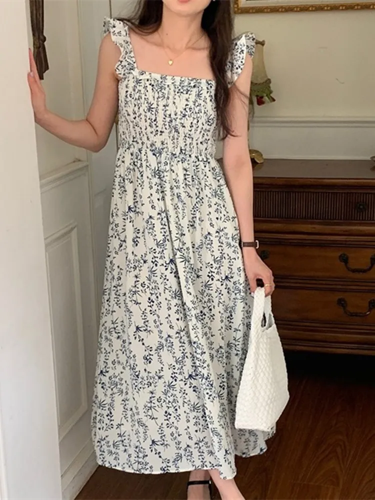 

Casual Sleeveless Dresses For Women 2023 Summer Vintage Square Collar Floral Dress Women Veatidos