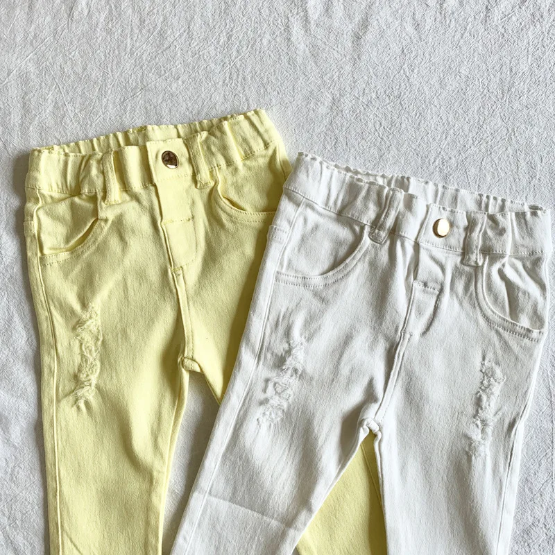 

RiniKinda 2022 Autumn Children Clothes Fashion Baby Girls Ripped Jeans Toddler Boys Solid Pants Kids Broken Hole Trousers