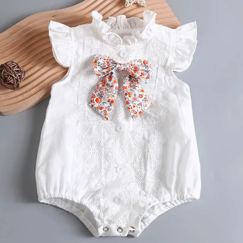Summer Infant Baby Girls Clothes Flying Sleeve Cotton Embroidery 0-2 Yrs Baby Girl Bodysuits Newborn Baby Girl Jumpsuit