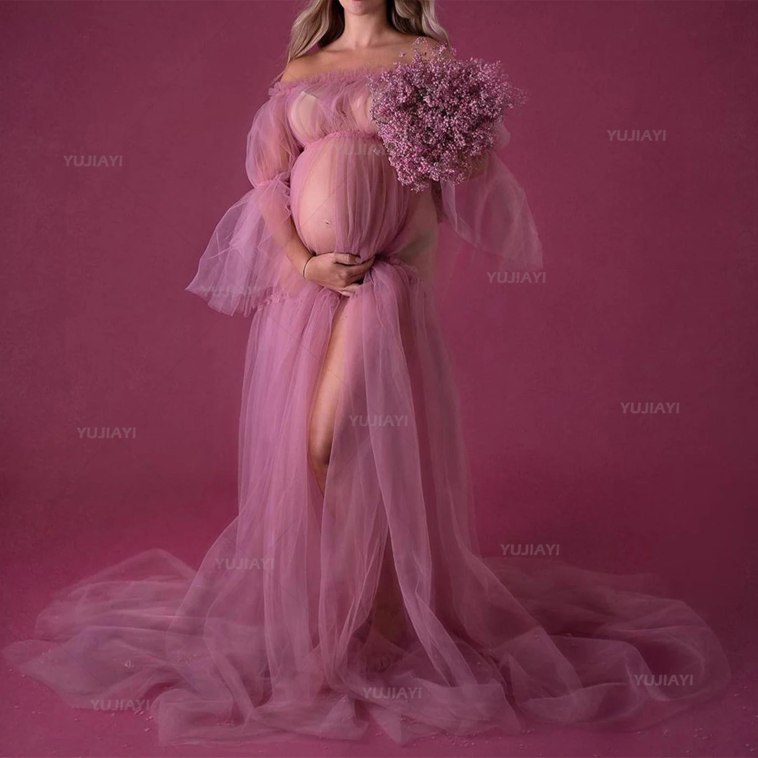 

Fluffy Tulle Robes Sheer Long Women Maternity Dressing Gowns Maternity Gown for Photoshoot Boudoir Party Sleepwear Bathrobe