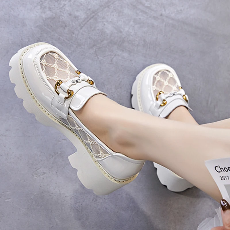 2023 Genuine Leather Female Elevator Shoes Sandals Hollow Mesh Summer Fashion Platform Wedge Chunky Comfy Women Loafer Shoes