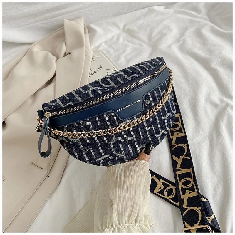

Luxury Grid Stripe Fanny Pack For Women 2022 Thick Chain Shoulder Crossbody Waist Bags Brand Designer Female Handbags And Purses