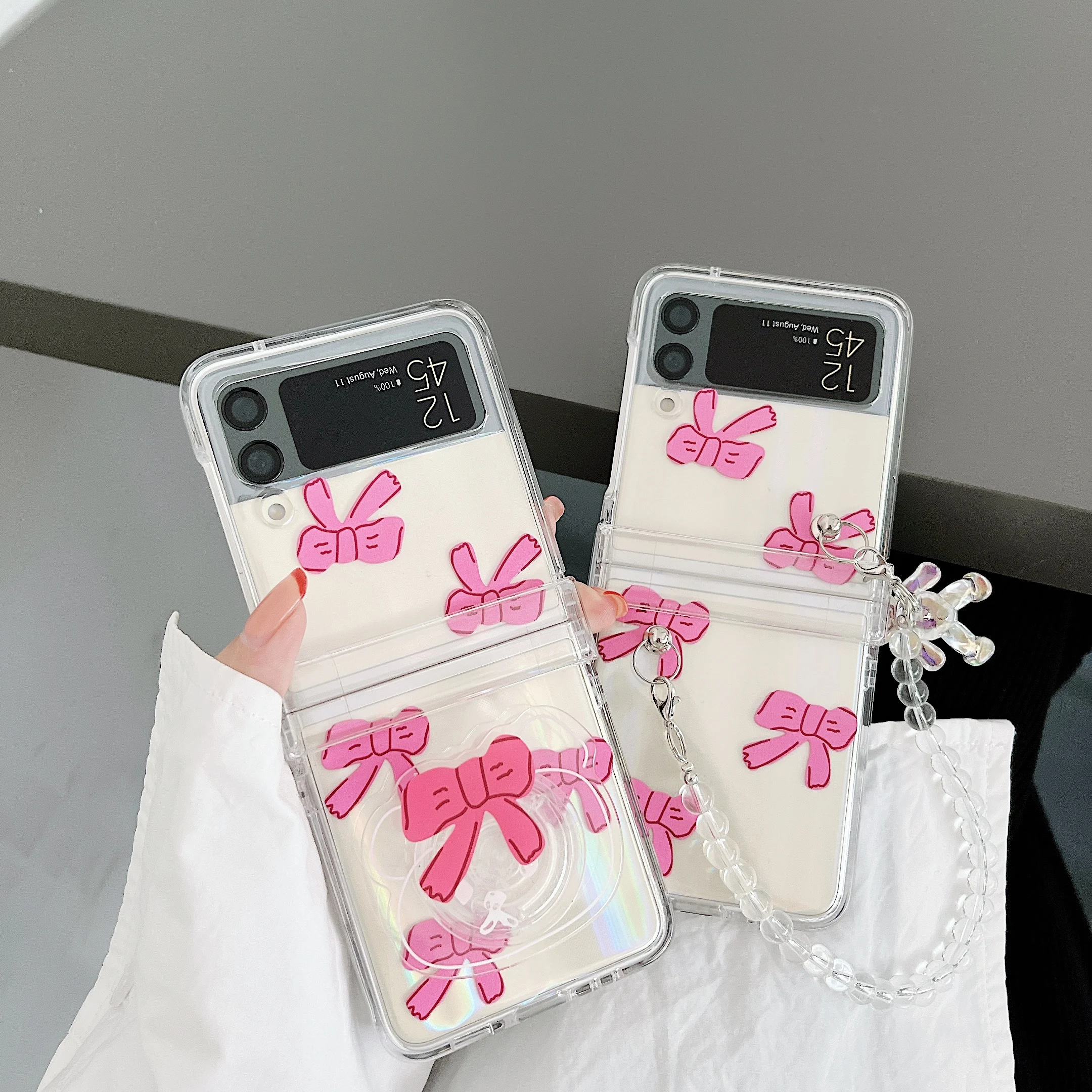 

Cute Bow Stand Bracelet Phone Case for Samsung Galaxy Z Flip 3 Clear PC Hard Back Case for Samsung Galaxy Z Flip3 5G