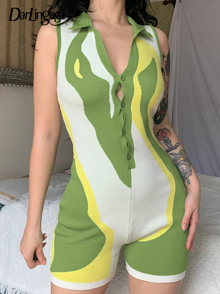 

Darlingaga Casual Sleeveless Beach Knitted Summer Playsuit Women Tank Bodycon 2000s Aesthetic Short Jumpsuit Contrast Color Slim