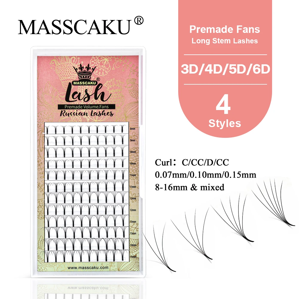 

MASSCAKU 3D/4D/5D/6D Long Stem Premade Fans Russian Volume 8-15Mix Premade Fans Custom Packaging False Individual Lashes