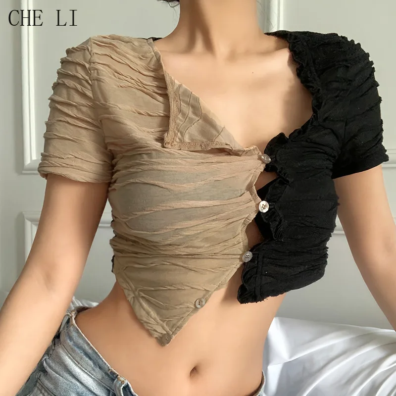 

Ins Fashion Pure Desire Short Top Women's Contrast Color Stitching Pleated Diagonal Collar Asymmetric Hem Short-sleeved T-shirt