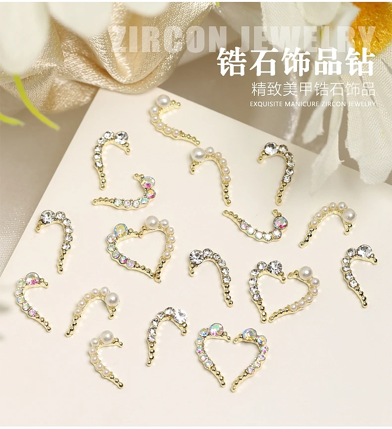 

3D Half Heart Nails Art Decorations Rhinestone Alloy Crystals Nail Charms Zircon Pearl/Diamond Metal DIY Manicure Accessories #*