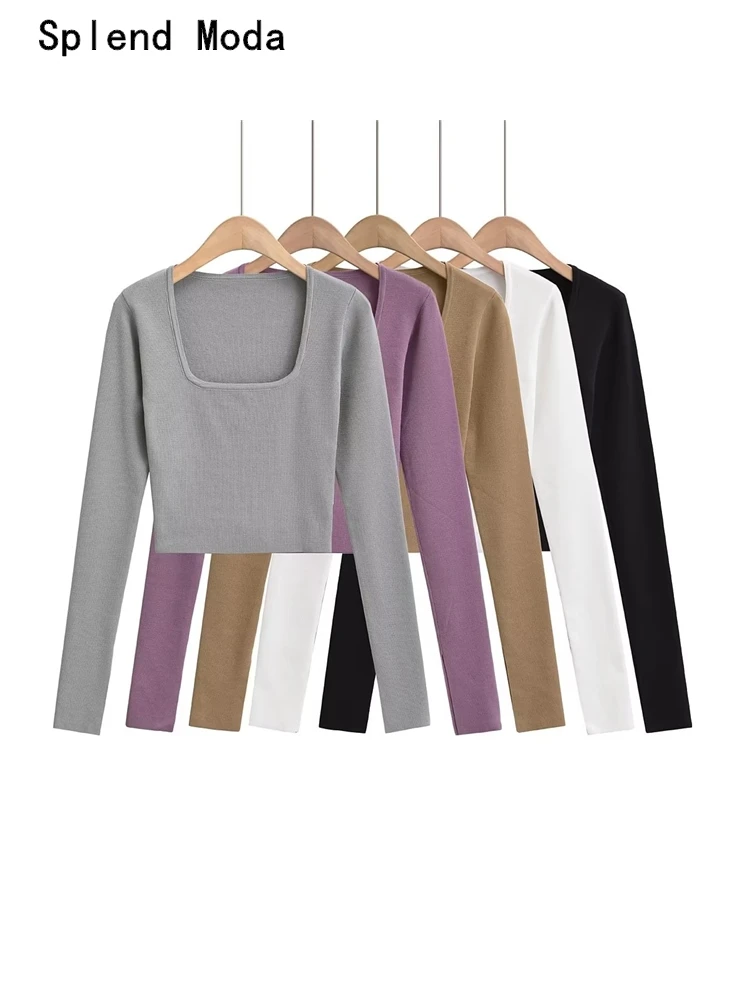 

2023 Women Autumn Fashion Sweet Square Collar Elastic Knitted Cropped Tops Street Style Long Sleeve T-shirts Sexy Slim Tees TRAF