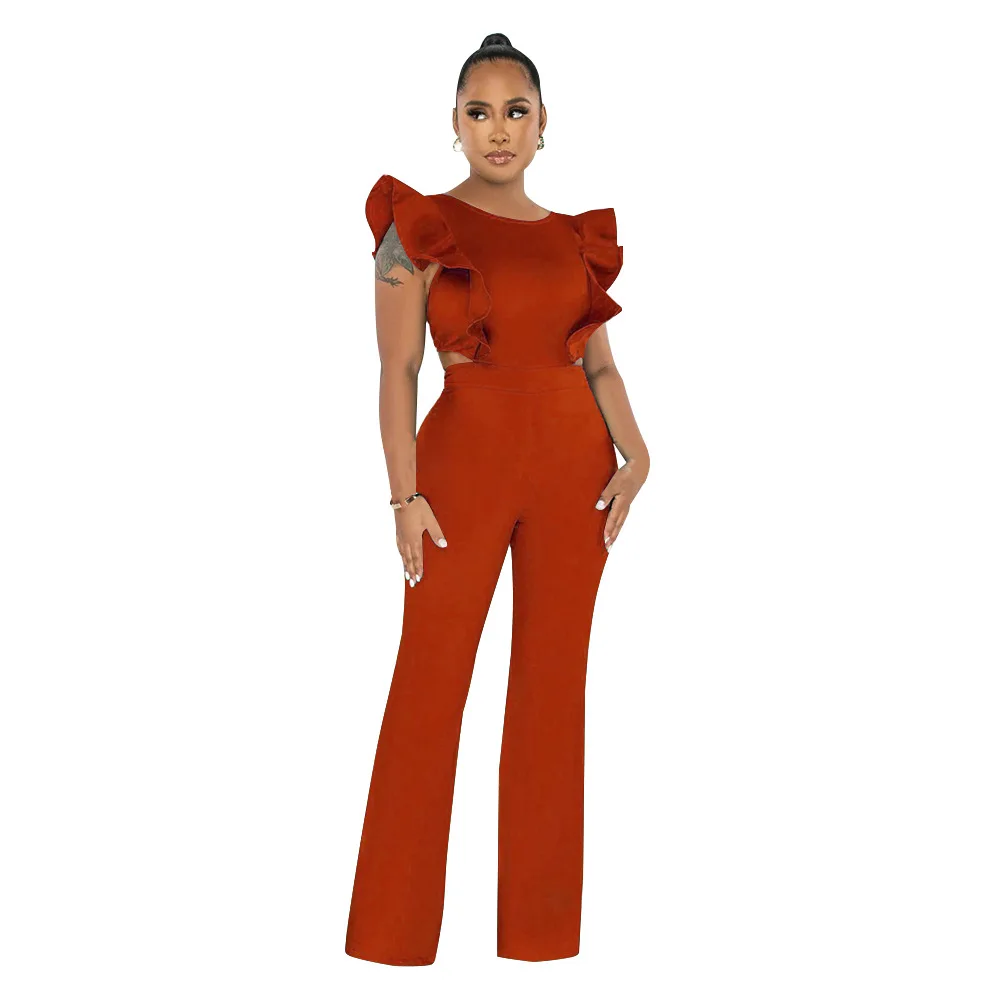 Leosd Office Lady Ruffles Side Hollow Out Women Jumpsuit Short Sleeve Wide Leg Pants Elegant One Piece Night Party Romper 2023