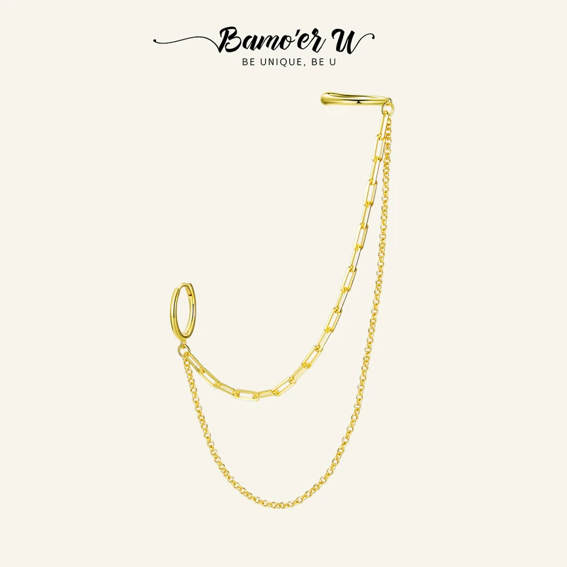 

BAMOER U 1PC 925 Sterling Silver Trendy Multilayor Chain Ear Cuff for Women Fine Jewelry Personality Earring Wedding Party Gift