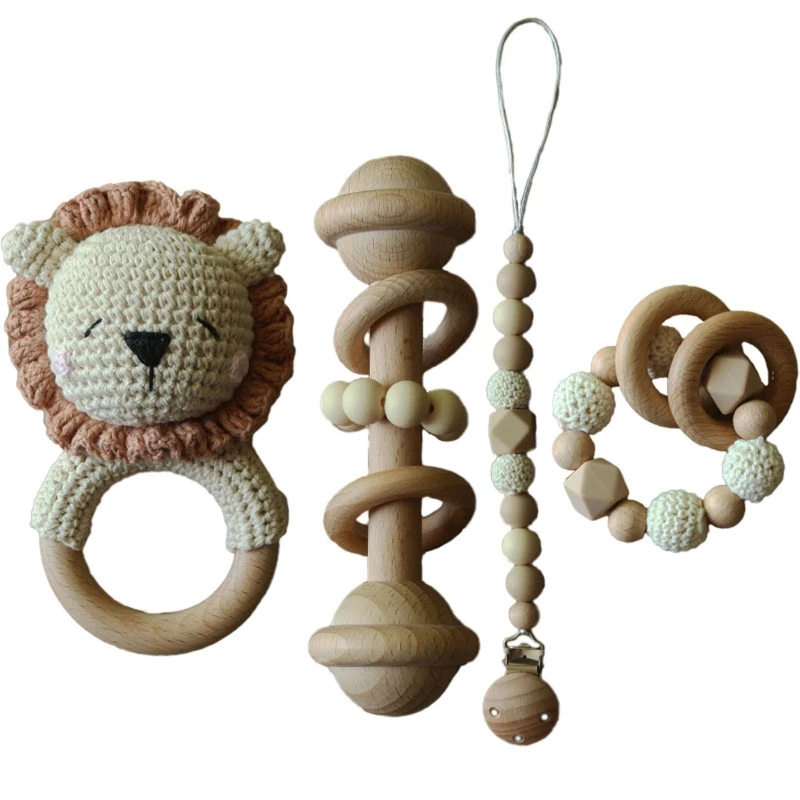 

4 Pcs/Set Baby Pacifier Chain Clip Wooden Bracelet Crochet Lion Teething Rattle