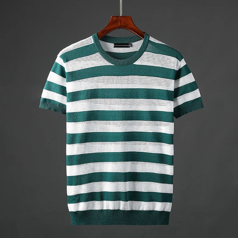 

Летние вязаные мужские футболки, роскошные полосатые повседневные модные облегающие мужские футболки с коротким рукавом, размера плюс 7xl