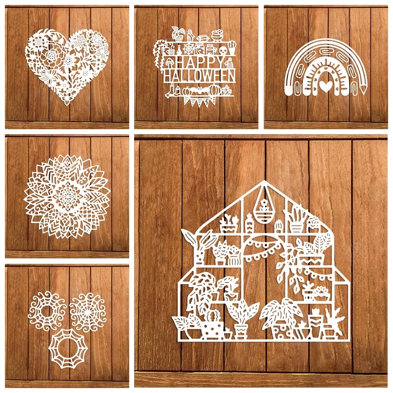 

Metal Cutting Dies Flower Heart Lace Rainbow Spider Web House Hollowed Happy Halloween Words Decorat Cards Embossing Paper Craft