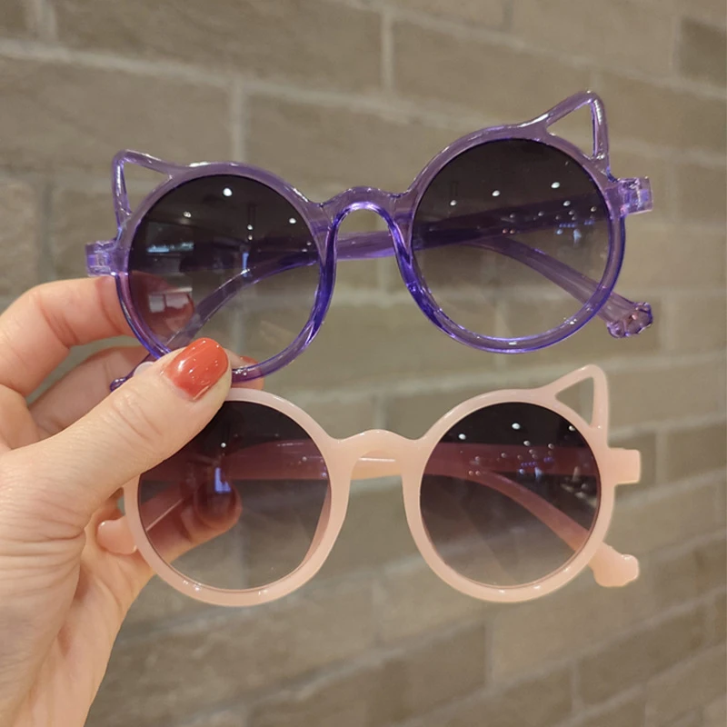 

Детские солнцезащитные очки с кошачьими ушками для мальчиков и девочек, милые Мультяшные круглые очки для малышей, летние уличные солнцезащитные очки с УФ-защитой