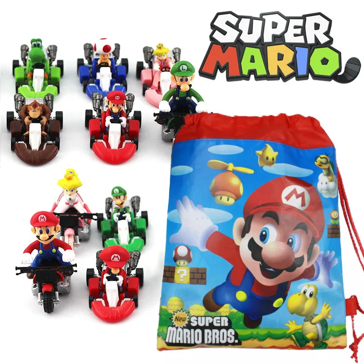 

Super Mario Bros Car Toys Storage Bags Set Kawaii Anime Figure Cars Toy Drawstring Pockets Kids Birthday Gifts