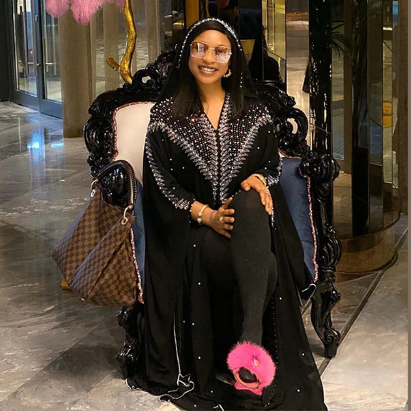 

2023 New African Design Bazin Chiffon Long Stick Diamond Sleeve Dashiki Dress For Lady