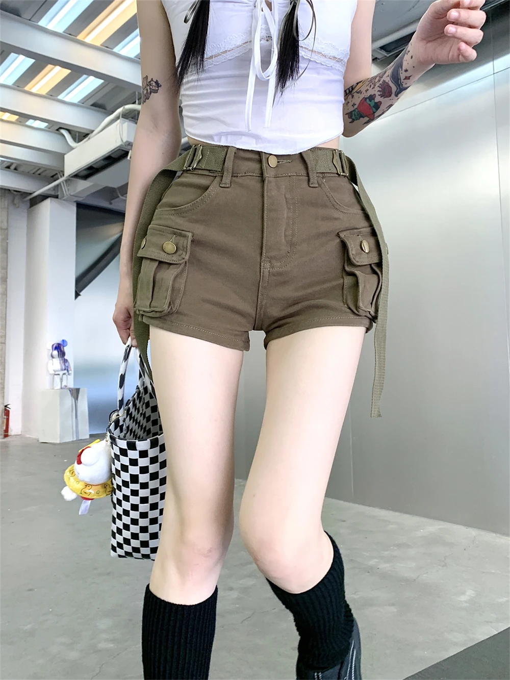 2023 New Spring Summer Women's Wear High Waist Elastic Slim Pocket Cargo Pants Denim Pants Thin Shorts