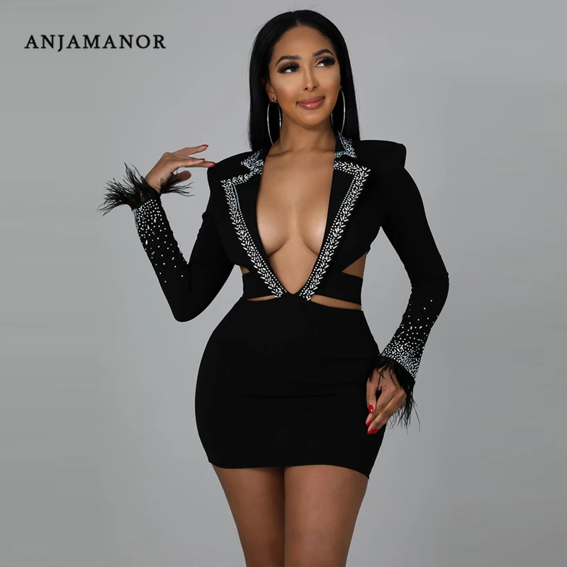 

ANJAMANOR Luxury Crystal Blazer Dresses for Women Sexy Party Stage Outfit Black White Cut Out Long Sleeve Bodycon Dress D42-EE28
