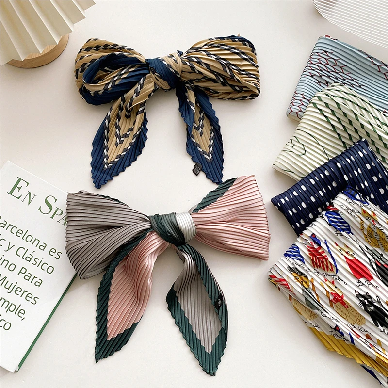 

70cm Square Striped Crinkle Scarf Silk Satin Neck Tie Hand Wirst Headscarves Female Pleated Bandana Shawl Office Lady Hair Band