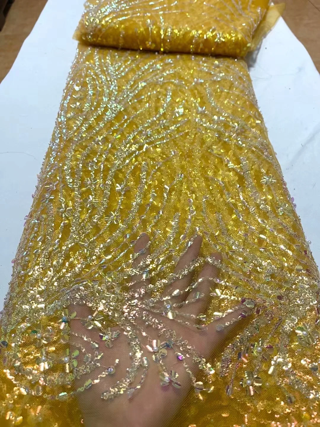 

Gold African Tulle Pearl Lace Fabric 2023 High Quality French Sequins Embroidery Fabric Nigerian For Women Birthday Party Dress