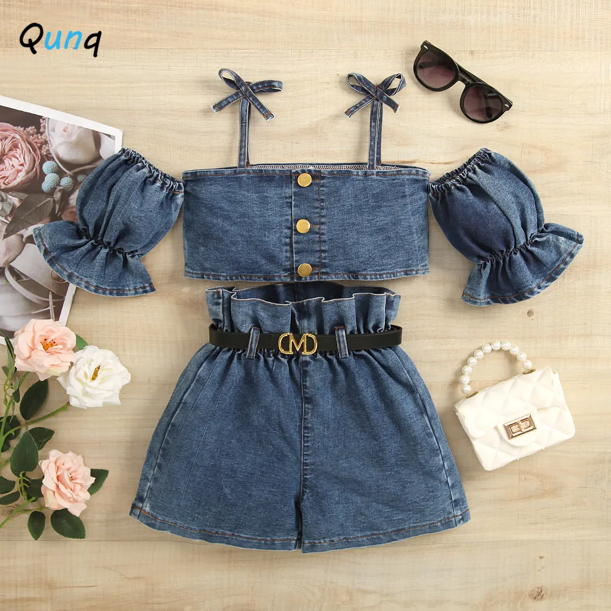 

Qunq 2023 Summer Girls Suspender Lantern Sleeve Denim Top + High Waisted Denim Shorts 2 Pieces Set Casual Kids Clothes Age 3T-8T