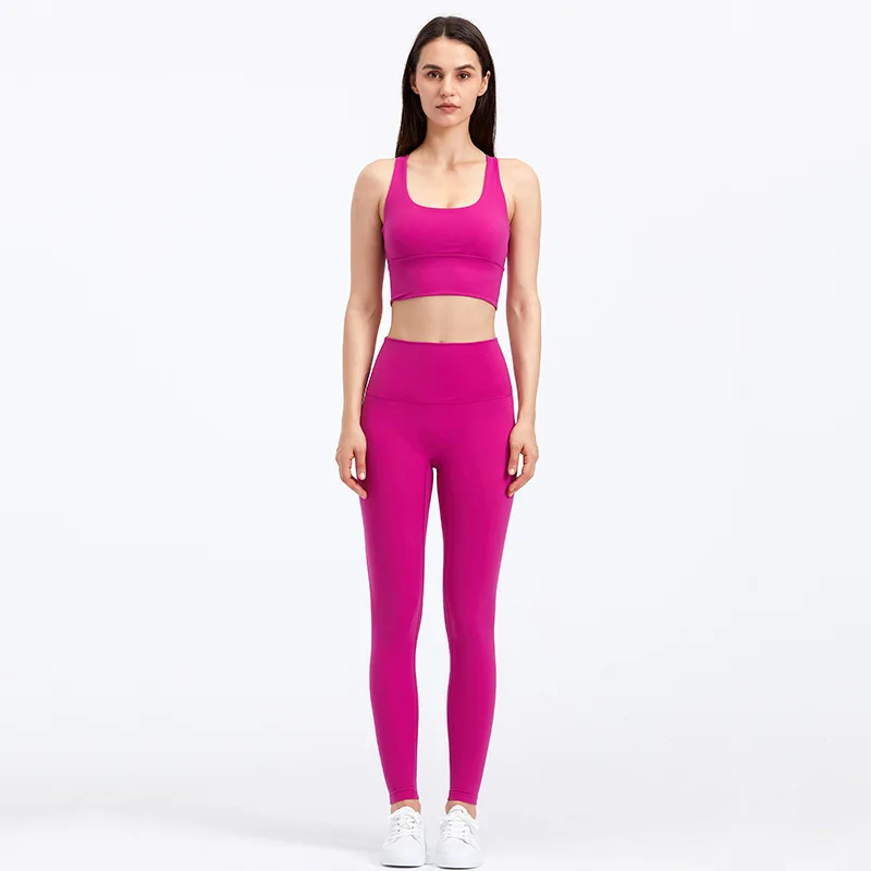 

Solid Color Sexy Gym Yoga Set Tight Cross Sports Bra Top Yoga Pants Leggings Sport Suit 2pcs Workout Butter Soft Women Sportwear