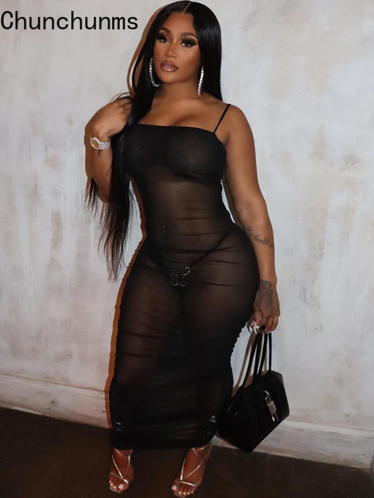 

2022 Spring Sexy Mesh Slim Perspective Gauze Pleated Maxi Dress For Women Black Club Night Outfits Summer Birthday Clothing