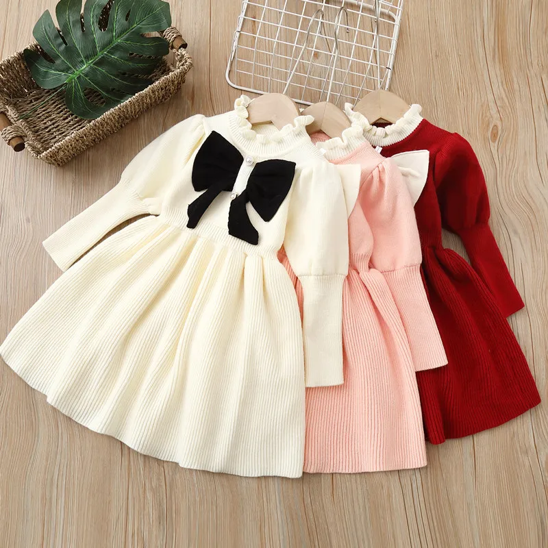 

Girls Dress Winter Wear Unique Design Long Sleeve Sweater Dress Kids Clothing Warm Dress with Bow Elegant Girl Clothes