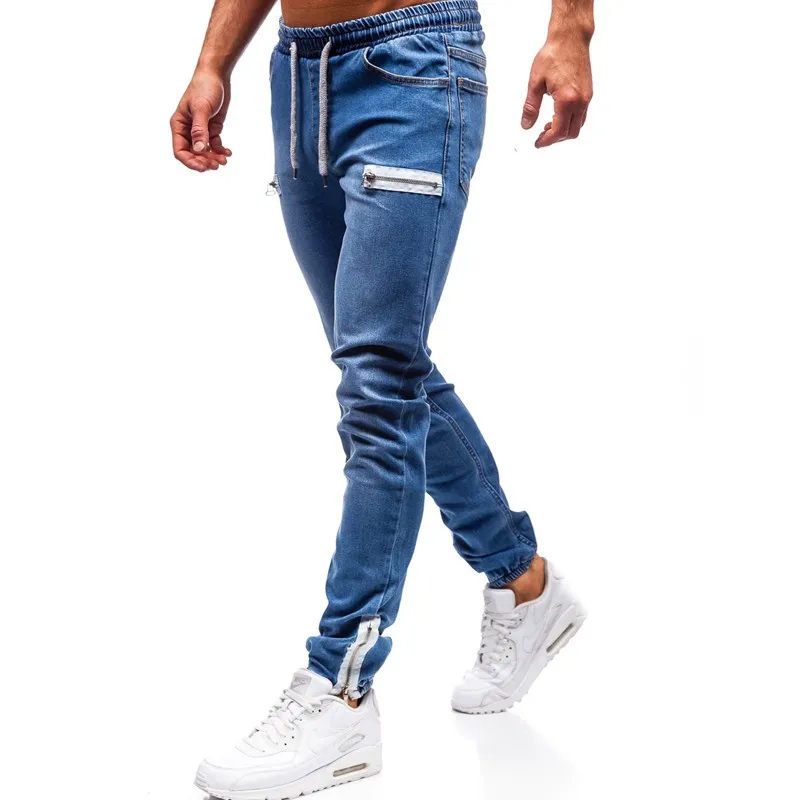 New Men's Jeans Scrub Zipper Lace Up Stretch Men's Jeans Black Denim Casual Sports Pencil Pants Fashion Slim Straight Pants