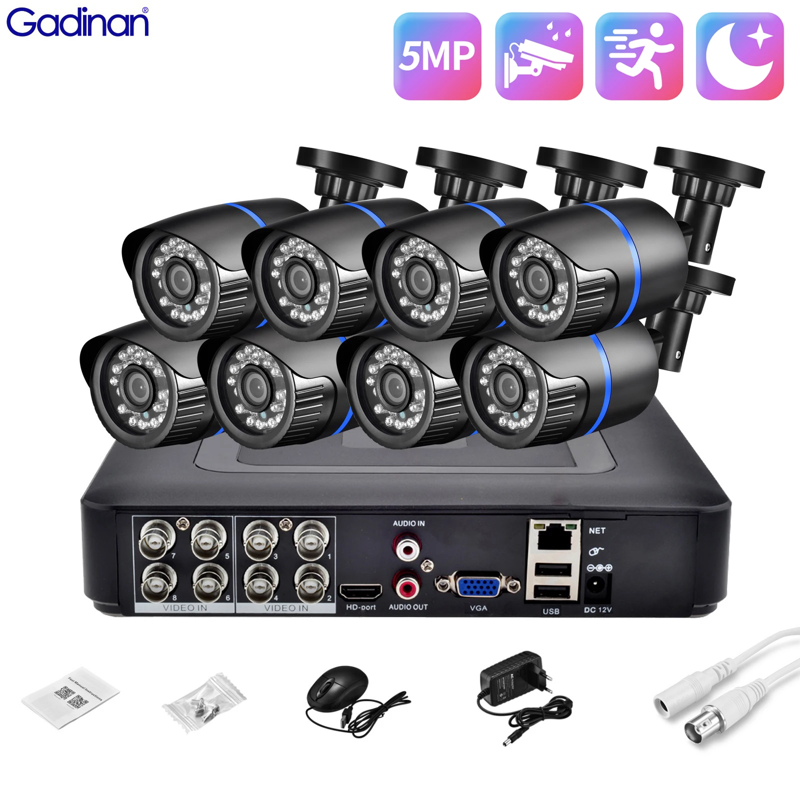 

Gadinan AHD 3.6mm HD lens Bullet Video Surveillance 5MP 1080P CCTV Camera Security System Kit 8/4CH DVR Waterproof Security Came