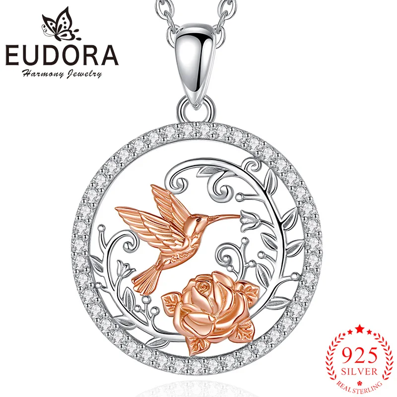 

Eudora 925 Sterling Silver Hummingbird Necklace Rose Gold Color Flower Leaves Zircon Pendant Woman Elegant Jewelry Banquet Gift