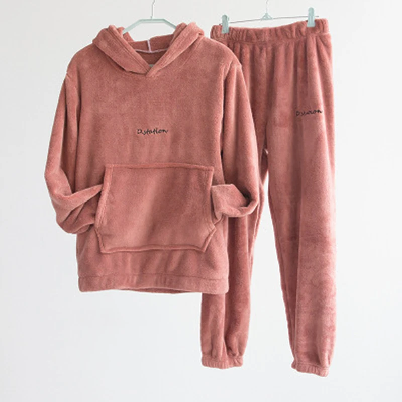 

Women Winter Pajamas Sets Soft Plush Hooded Pockets Long Sleeve O-neck Top Solid Color Elastic Waist Pants Warm Underwear
