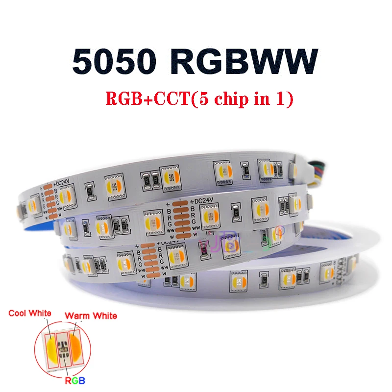5M/lot RGBWW 5 color in 1 led chip LED Strip,SMD 5050 flexible light RGB+cool White&warm white,60Leds/m DC12V/24V IP30