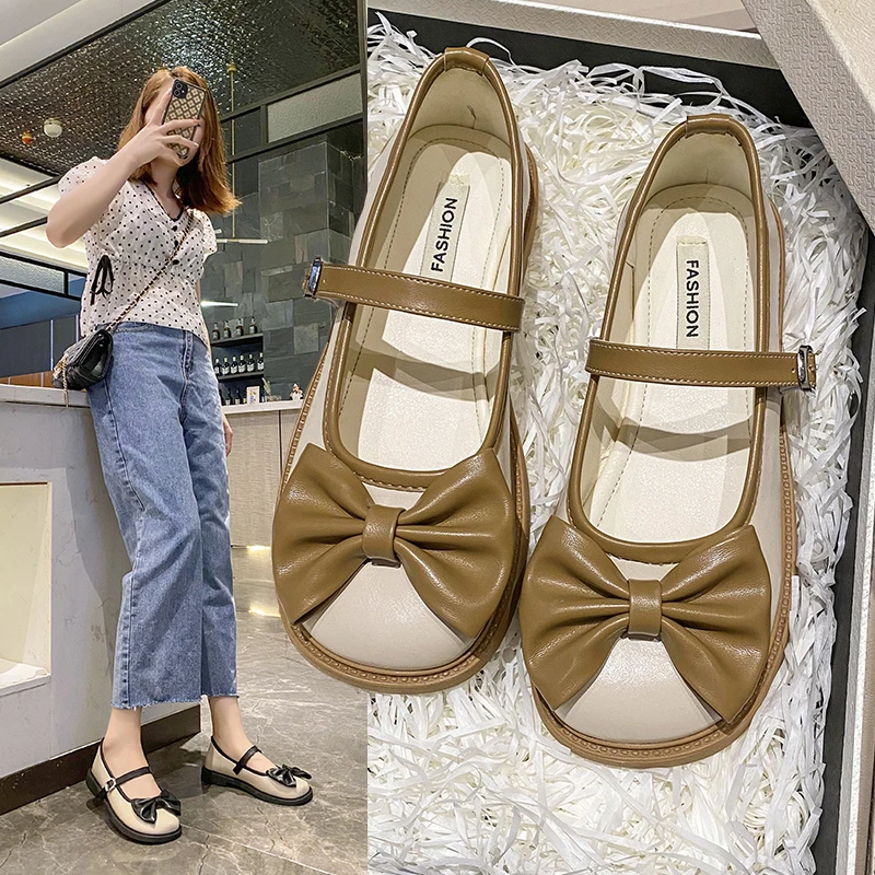 

Classics Retro Kawaii Bowknot Mary Jane Shoes Women Cute Lolita Round Toe Platform Flats Casual Fashion White Brown Loafers 2022