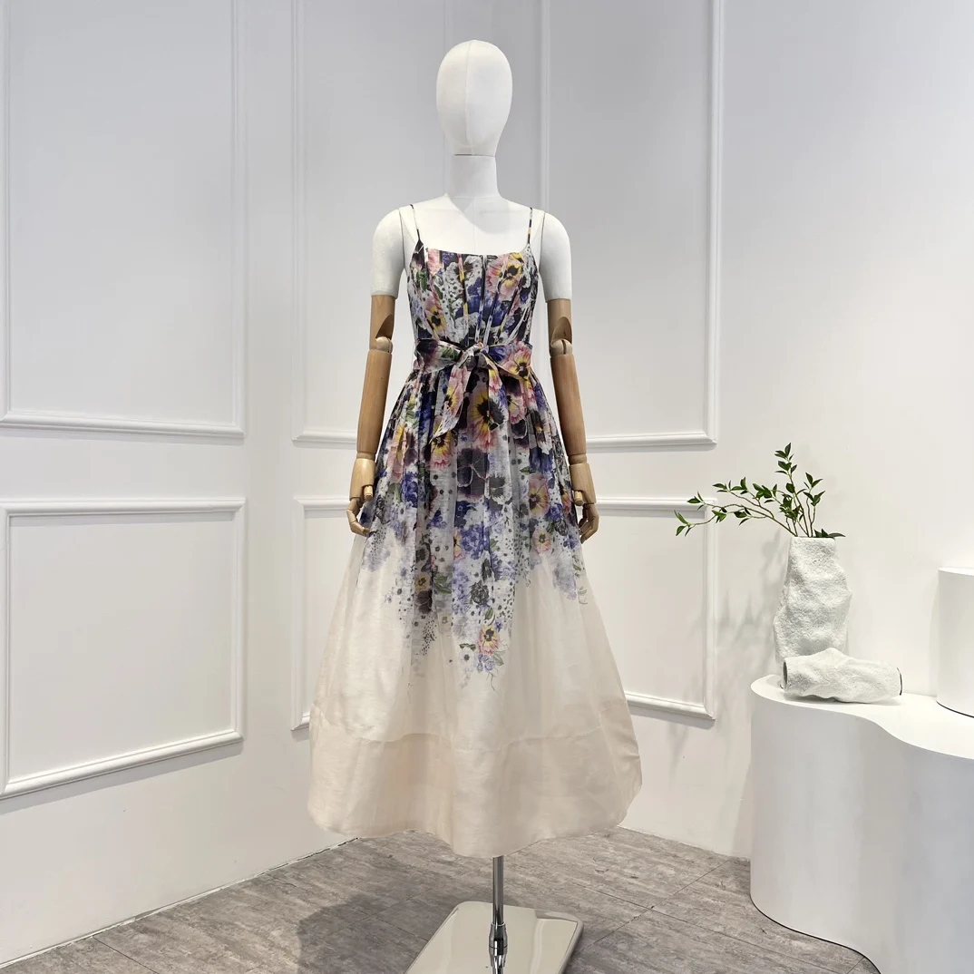

Вечерняя одежда 2023, высококачественный льняной Шелковый фиолетовый градиентный корсет с цветочным принтом, облегающие бретельки, платья-миди с высокой талией для женщин