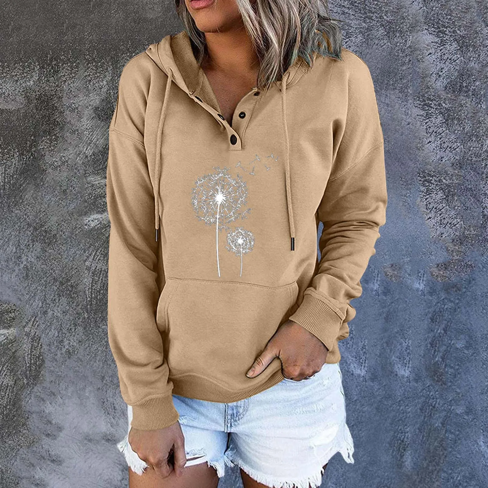 

Ladies Long Sleeve Button Sweatshirt Print Hooded Drawstring Loose Sweat Shirt Women Fuzzy Sweater Ladies Cute Sweatshirts