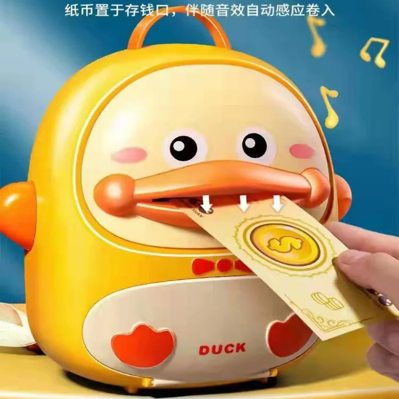 

Children's cute duck backpack piggy bank Fingerprint password to unlock the deposit machine Educational financial gift toys