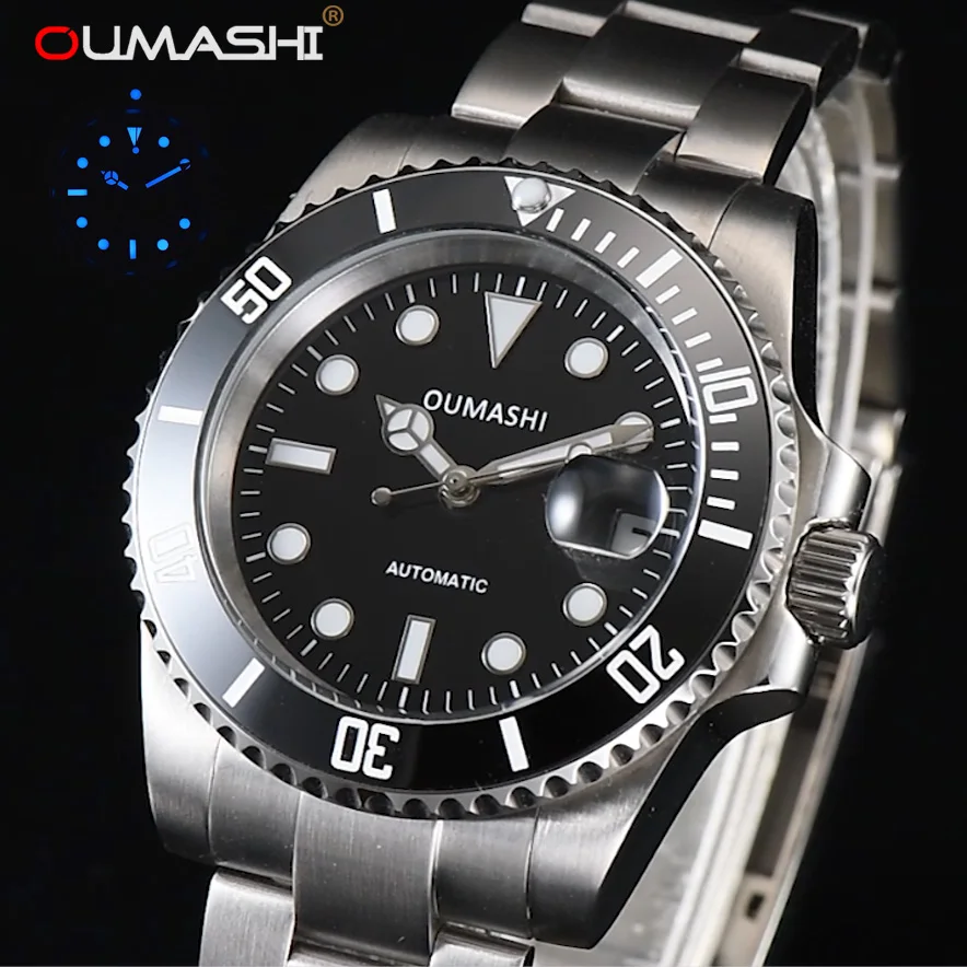 

Мужские автоматические механические часы OUMASHI NH35 40 мм часы с керамической рамкой светящиеся мужские часы с датой