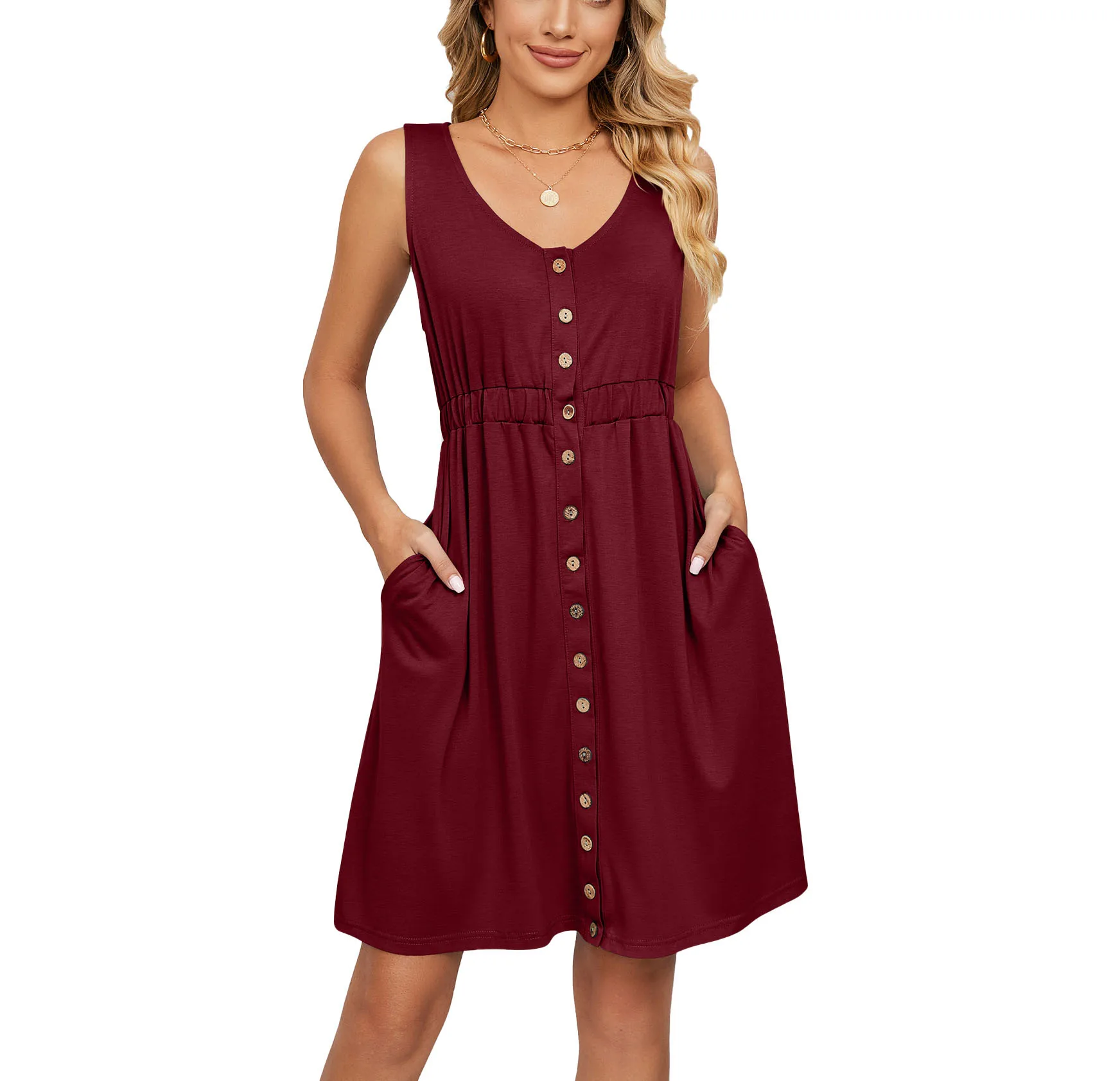 

TSACTE Women's Summer Sleeveless V Neck Button Down Casual Pocket Swing Short Dress Solid-Coloured Waist-Skimming Dress