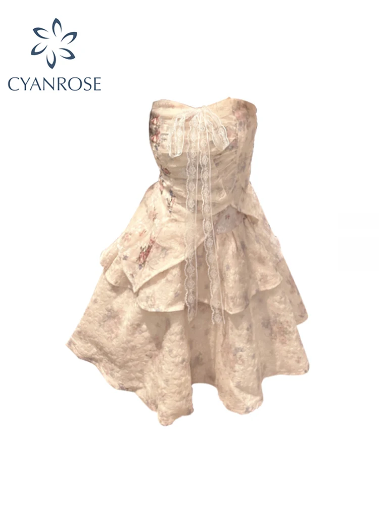 

Summer Floral Lace Women's Dress Sexy Strapless Bandage Sundresses Casual Kawaii Lolita Elegant Sleeveless Princess Fairy Dress