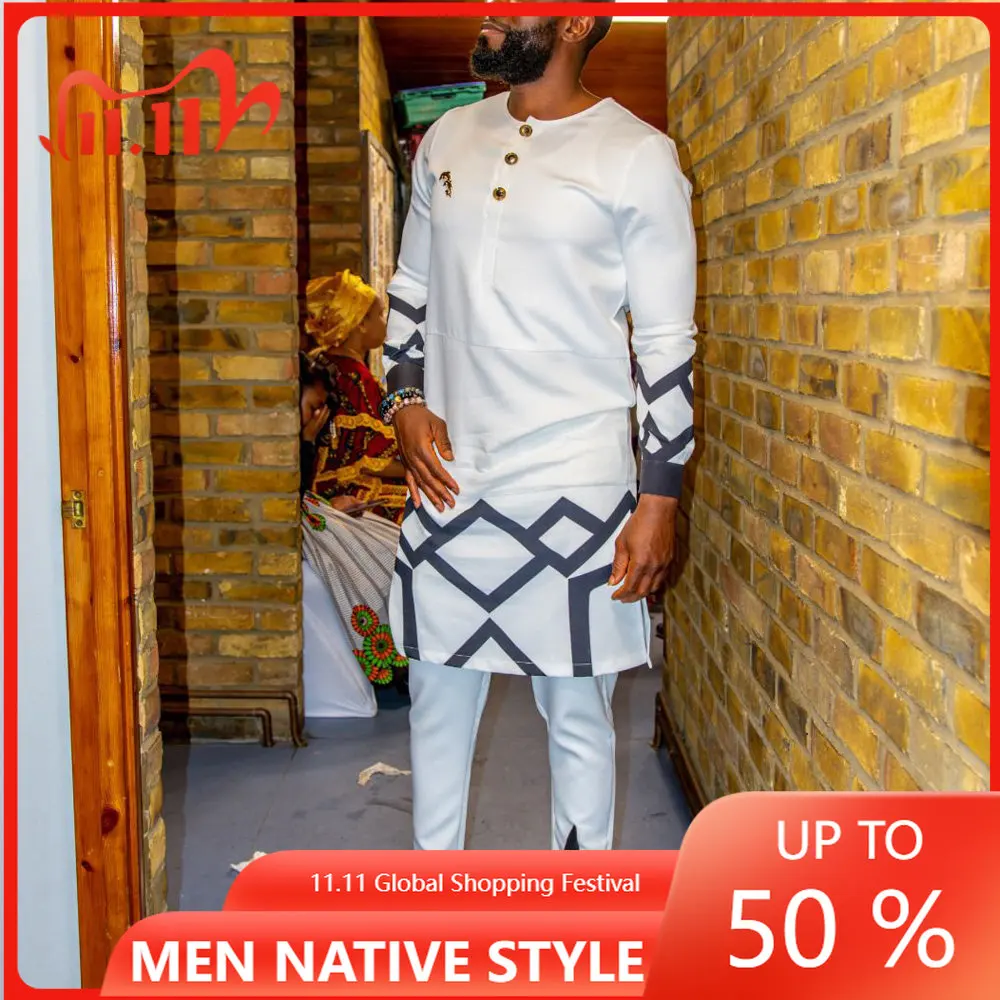

Man 2 Pieces Sets Wedding Prom Dashiki Men Outfit Ethnic Style Dashiki Printed Long Sleeve Shirt White Trouser Suits 2022