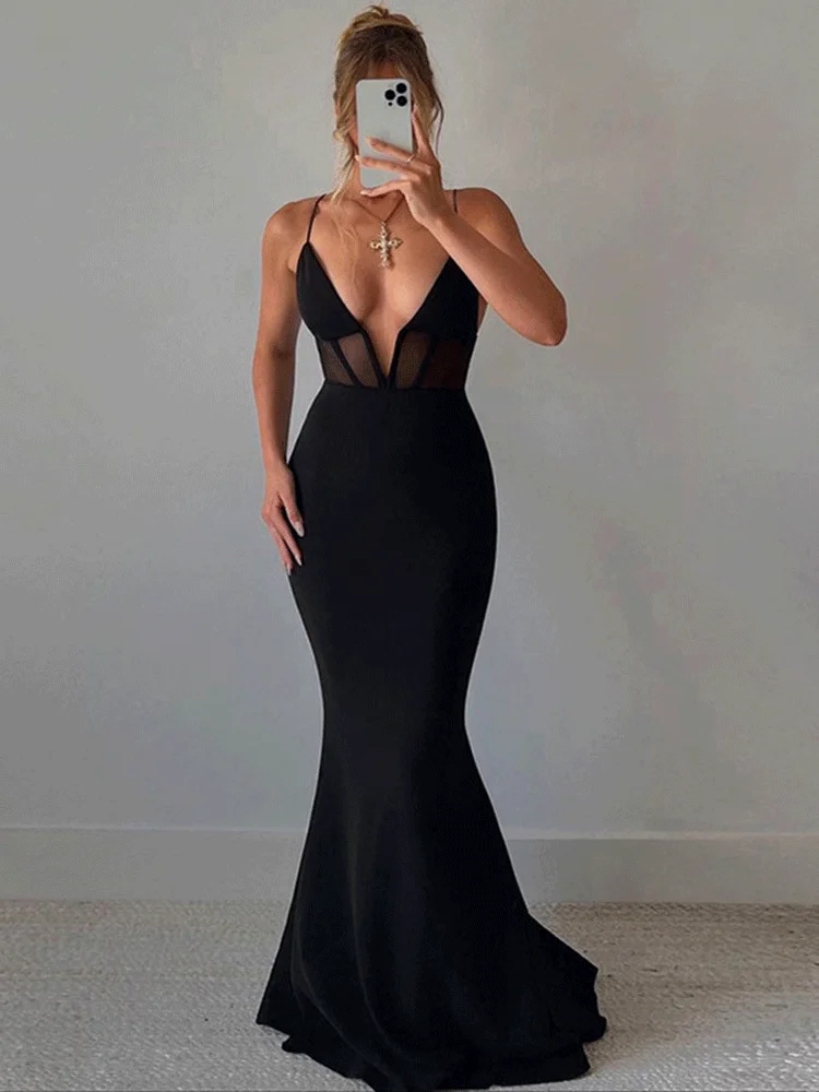 

Ladies Mesh Patchwork Club Wear Y2K Clothes Sleeveless Backless V-Neck Zipper Bodycon Maxi Dresses For Women Party Evening Prom