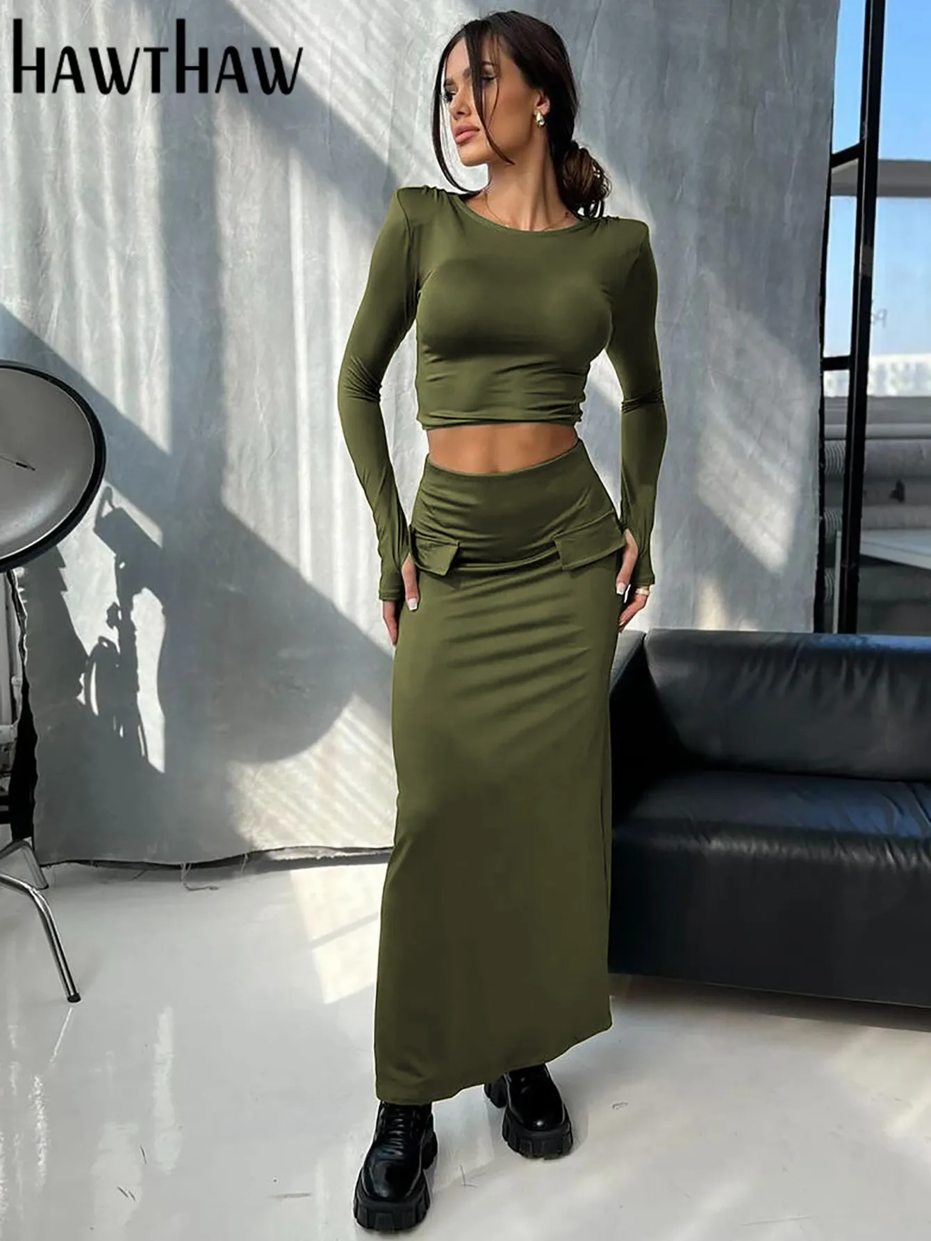 Hawthaw Women 2024 Spring Autumn Long Sleeve Crop Tops Skirts Two Piece Sets Outfit Basic Wholesale Items For Business