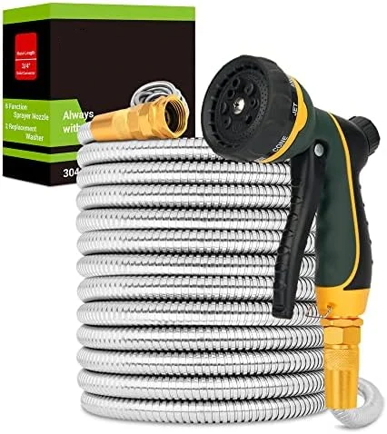 

POPTOP Garden Hose - Flexible Metal Water Hose with Nozzle, Puncture, Rust Proof and Corrosion Resistant, Never Kink and High Pr