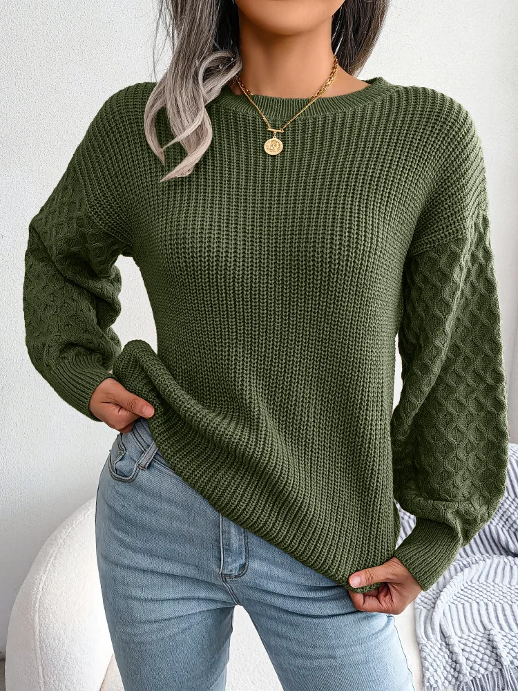 

hirigin Women Knitted Lantern Long Sleeve Sweaters Solid O-neck Loose Fit Knitted Pullovers Ruched Autumn Winter Jumpers 2022