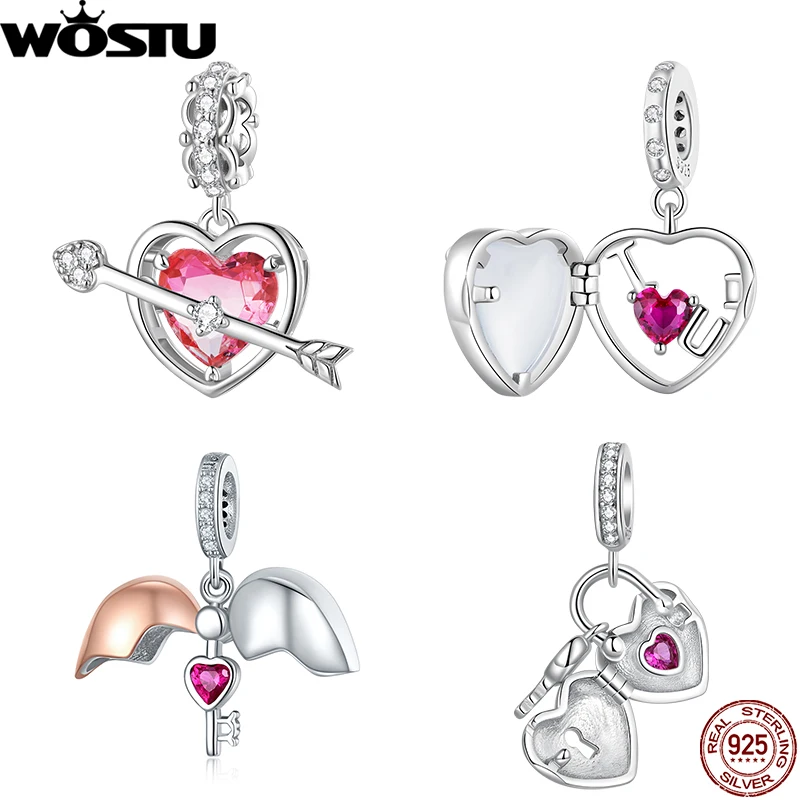

WOSTU 925 Sterling Silver Open Heart Hanging Beads Arrow Pendant Pink Zircon Key Charm Fit Original Bracelet DIY Jewelry Gift