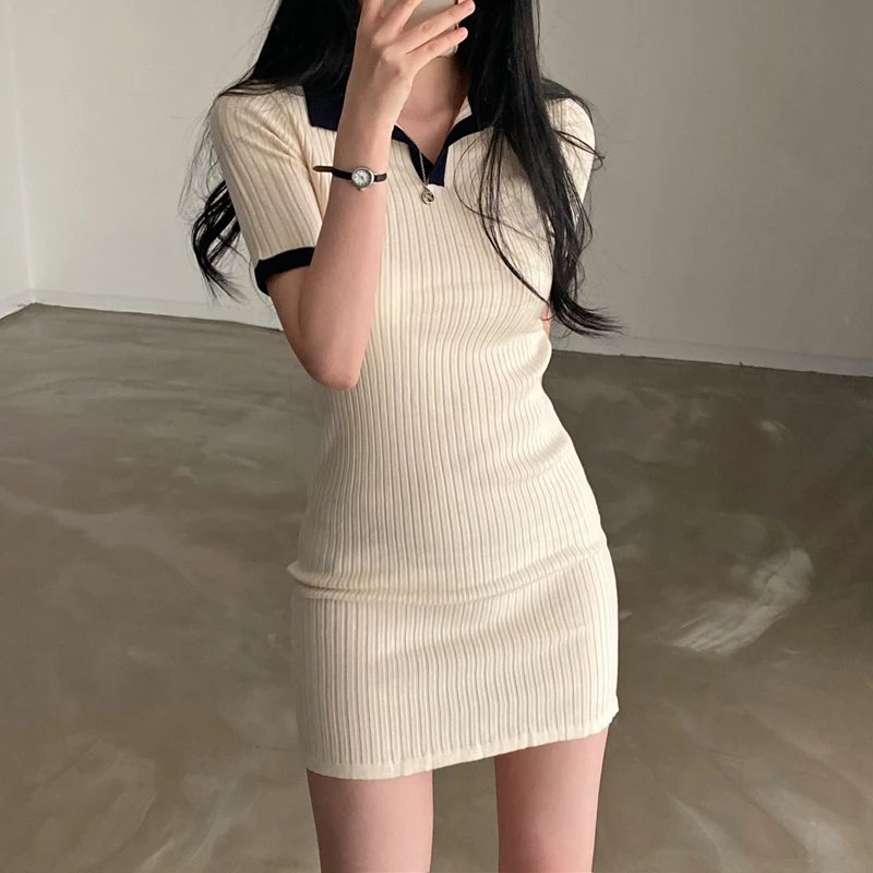 

New Korean Chic Summer Woman Knitted Dress Japanese Simple POLO Collar Trimmed Color Contrast Slim Hip Knitted Dress Short Dress
