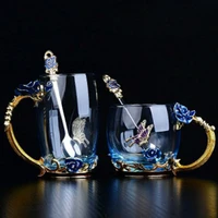 enamel coffee mug crystal cup milk flower tea cup high grade glass drinkware gift couple mug for lover wedding home decoration